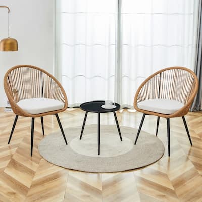 Modern Outdoor Dining Set with 17.7" Anti-spill Round Coffee Table and 2 Rattan Swivel Chairs