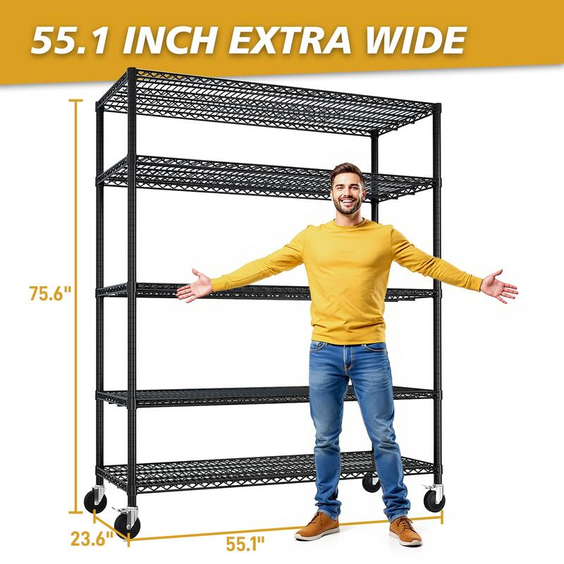 Black Adjustable 5-Layer Steel Wire Storage Shelf with Lockable Caster Wheels for Garage and Home