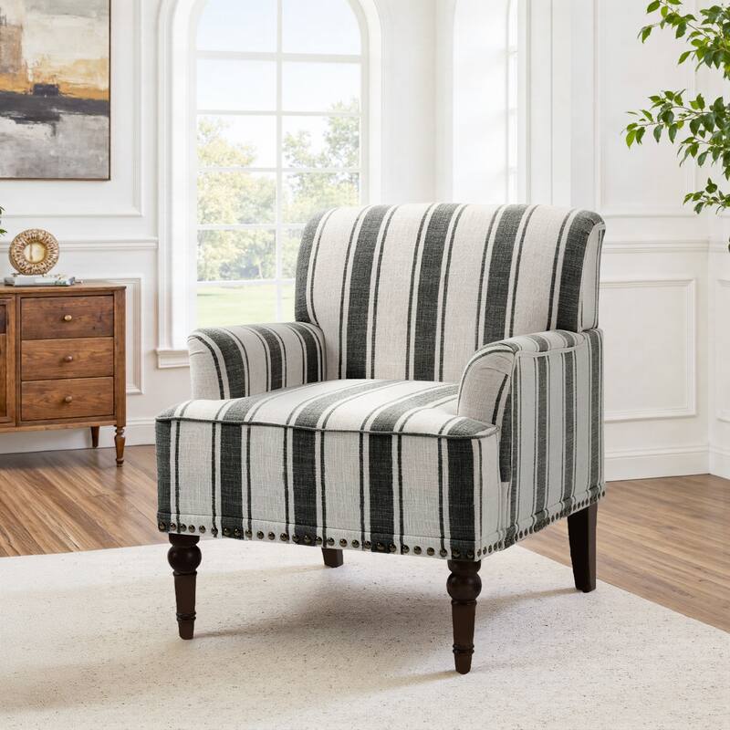 Striped Upholstered Linen Armchair with Brass Nailhead Trim