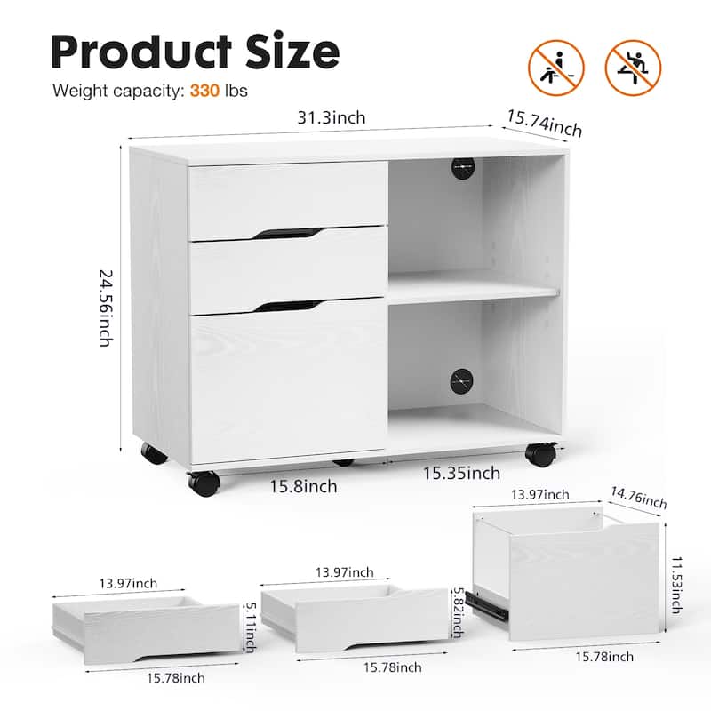 Rossetta Modern Minimalist Design 3-Drawer Mobile Rolling Lateral Multifunction File Cabinet