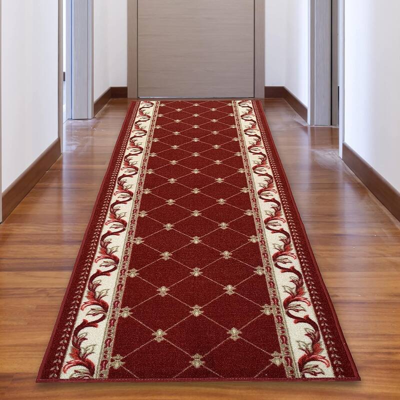 Custom Size French Trellis Design Brown,Red,Blue Color Non-Slip Rubber Backing- 31 Inch WidexYour Choice of Length Runner Rug