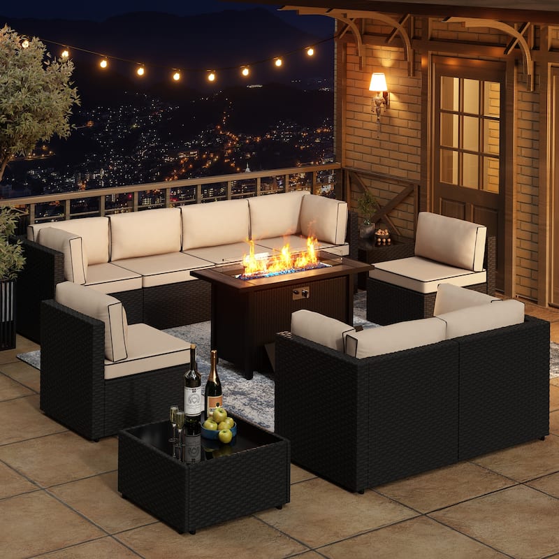 11 Piece Sectional Seating Group with Fire Pit and Cushion