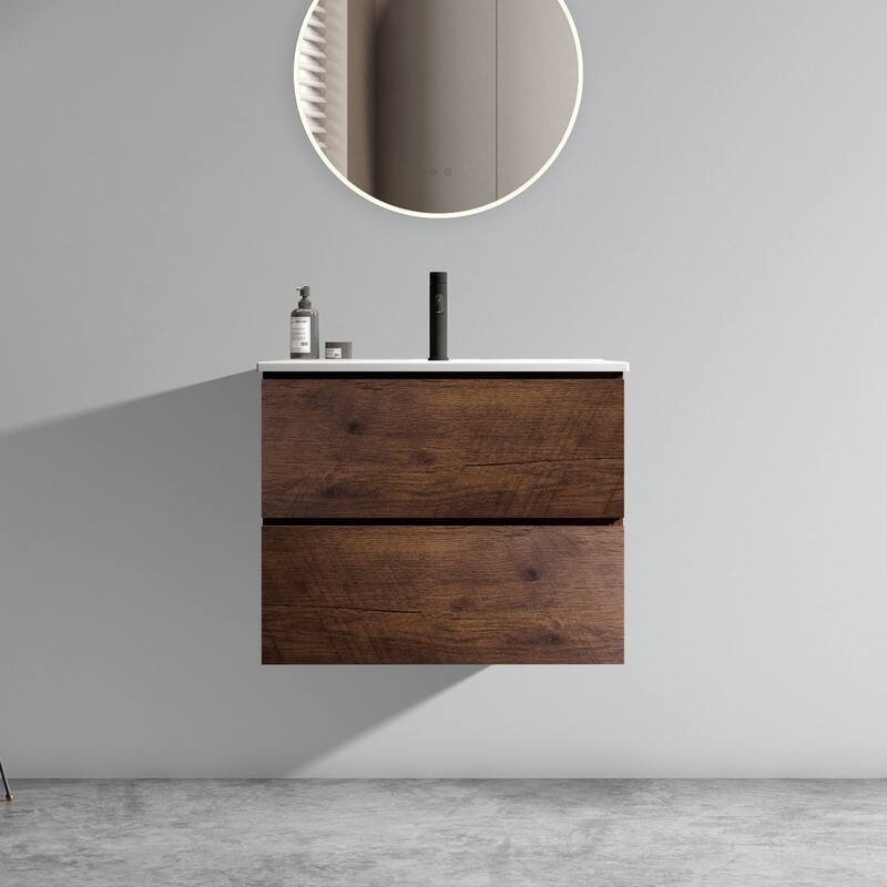 36-Inch Wall Mount Bathroom Vanity in Space Grey with Ceramic Sink, Large Storage - 24in L Ceramic+MDF - 24in L Walnut+without Drain and Faucet