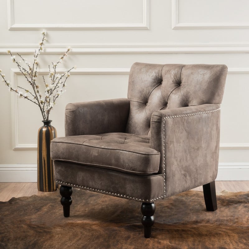 Contemporary Tufted Club Chair-Button-Tufted Diamond Stitch, Nailhead Trim&Birch Wood Legs - Grey+Brown