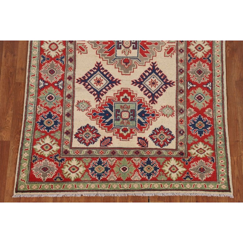 Beige / Ivory Kazak Area Rug Hand-Knotted Oriental Wool Carpet - 3'9" x 5'10"