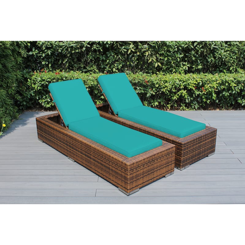 Ohana Outdoor Patio 2 Piece Mixed Brown Wicker Chaise Lounge Set - No Assembly - Turquoise