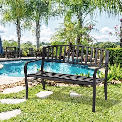 Patio Garden Bench Park Yard Loveseats with Cast Iron Frame
