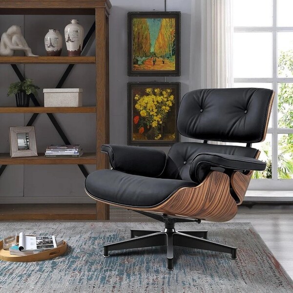 Mid Century Genuine Leather Lounge Chair with Ottoman - On Mid Century Genuine Leather Lounge Chair with Ottoman - On