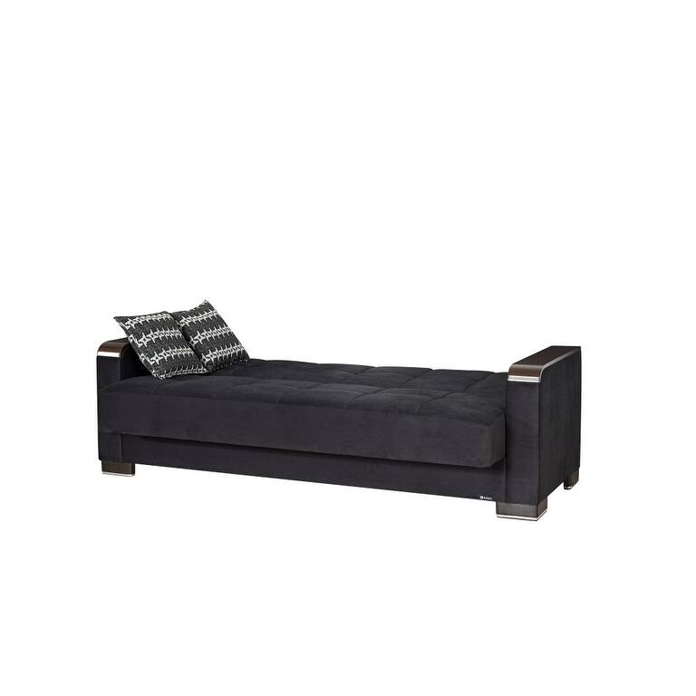 HomeRoots 87" Black Microfiber Convertible Futon Sleeper Sofa And Toss Pillows With Storage