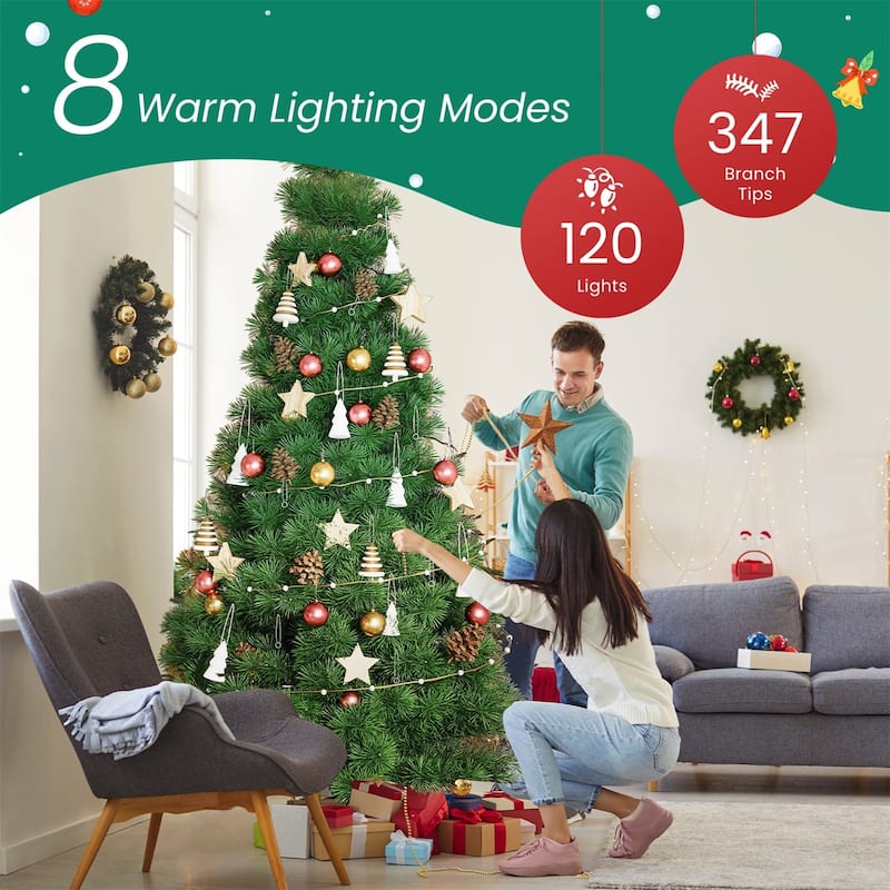 Pre-lit Snow-Flocked Christmas Tree, Artificial Holiday Christmas Tree with 120 Warm Lights, 347 Branch Tips - N/A
