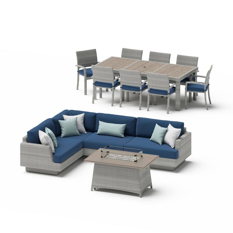 Portofino Comfort 14 Piece Sunbrella Outdoor Patio Sectional Seating & Dining Set With Fire Table