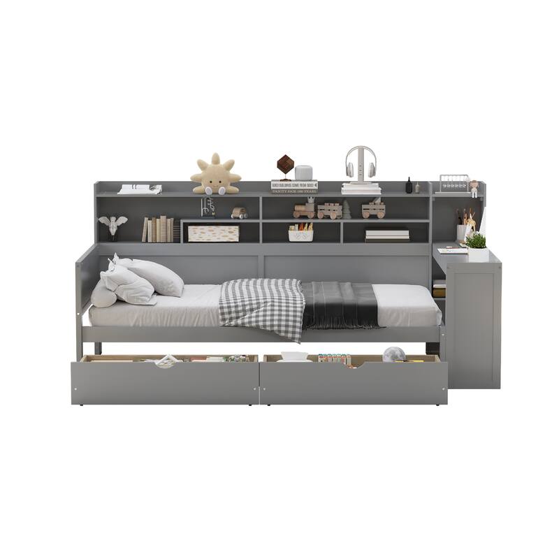 Wood Twin/Full Size Daybed with Storage Shelves, Two Storage Drawers and Study Desk