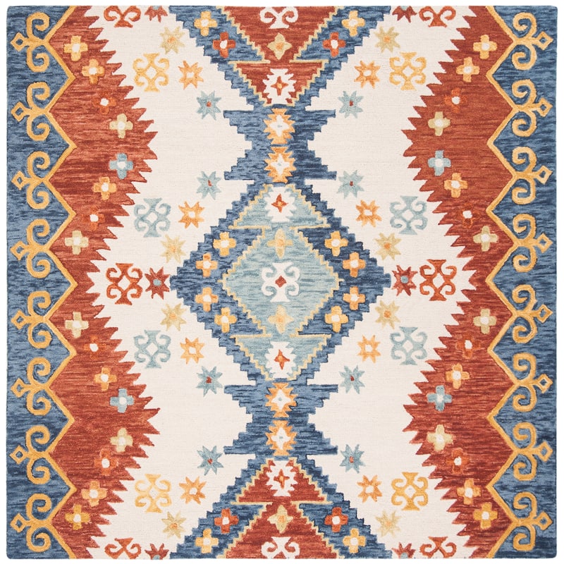 SAFAVIEH Handmade Aspen Melika & Eclectic Tribal Wool Rug - 7' Square - Ivory/Blue