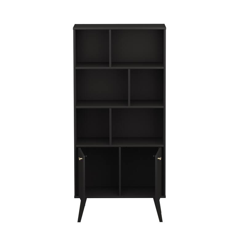Prepac Milo Mid-Century Modern Bookcase with Six Shelves and Two Doors - 29 in. W x 62.25 in. H x 12 in. D
