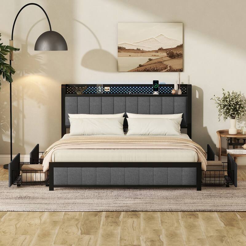 Queen Bed Frame with LED Headboard,4 Storage Drawers and USB Ports