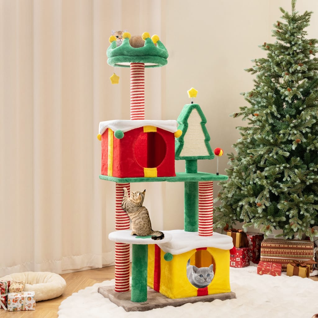 Cute Christmas Cat Tree Cat Tower for Indoor with Scratching Posts and Carpet - 27 x 19 x 61"