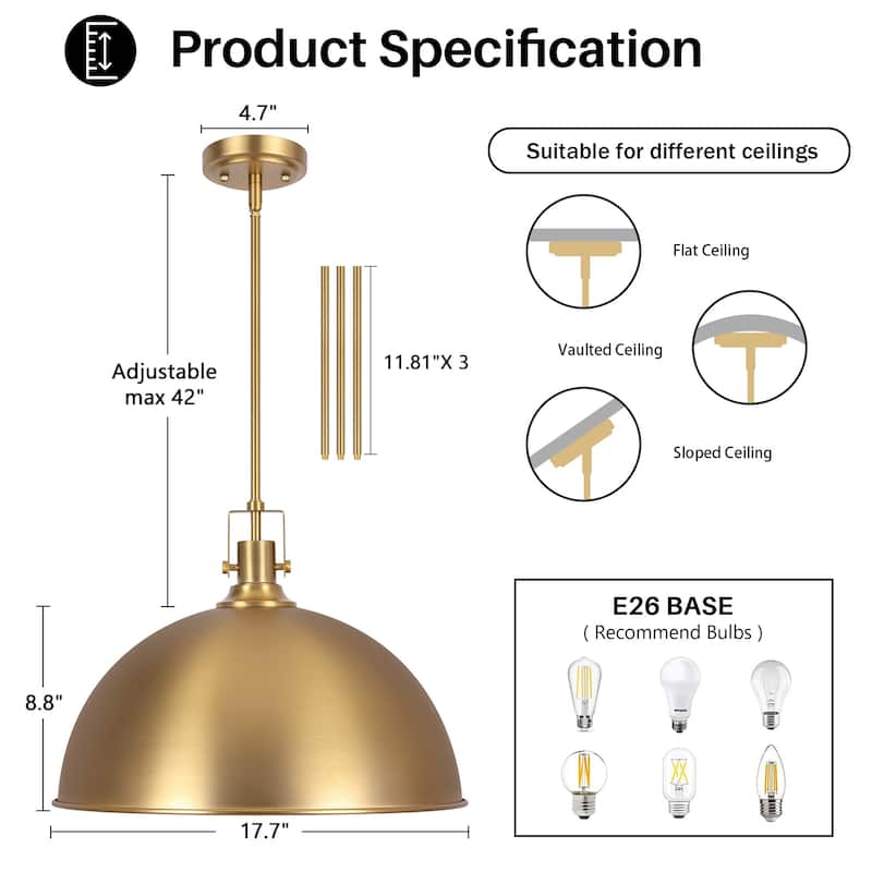 Modern Industrial 1-Light Dome Metal Pendant Light for Kitchen Island