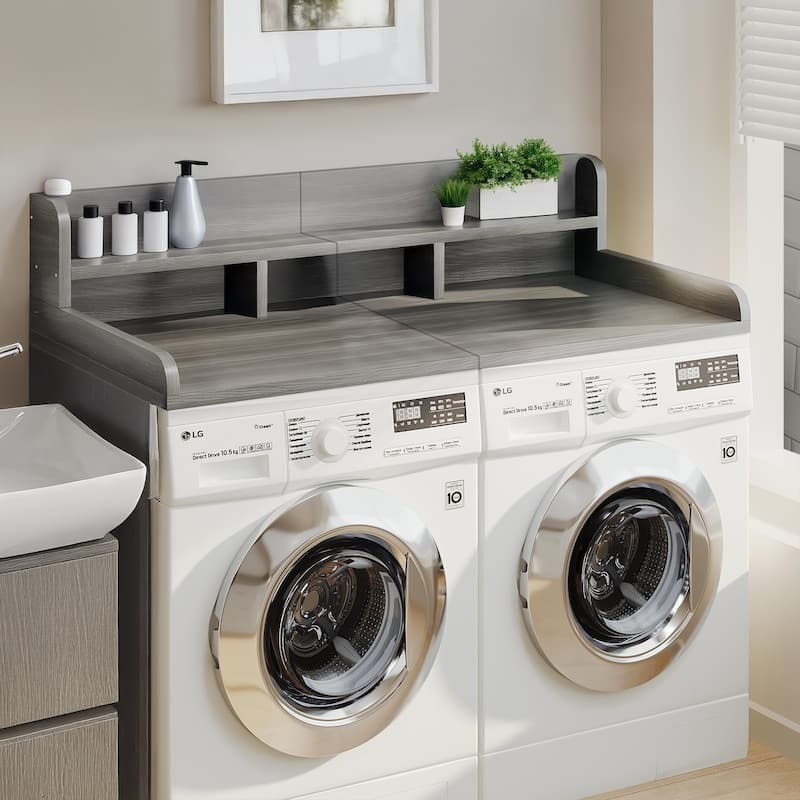 Washer Dryer Countertop, Laundry Wood Shelf Topper with Edge, 54" Width x 27.5" Depth Double Layer Organizer - Gray+White Matte