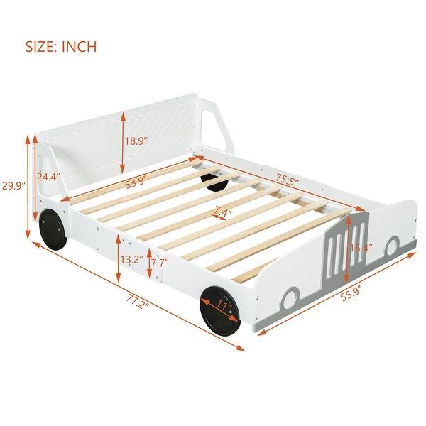 dimension image slide 2 of 3, Car-Themed Platform Bed with Safety Rails & Wheel Legs - Fun Design
