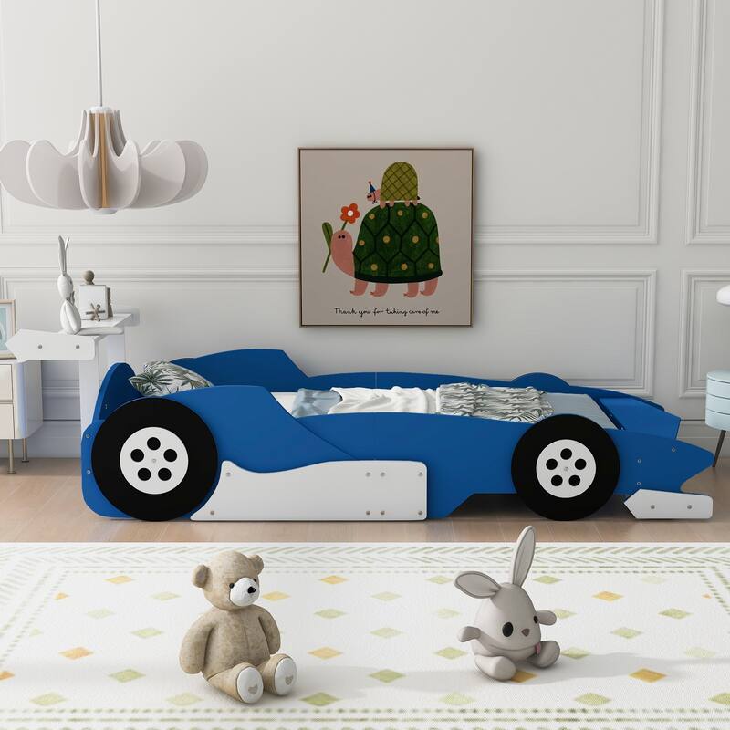 Twin Race Car-Shaped Platform Bed with Wheels, Themed Children's Bedroom Design