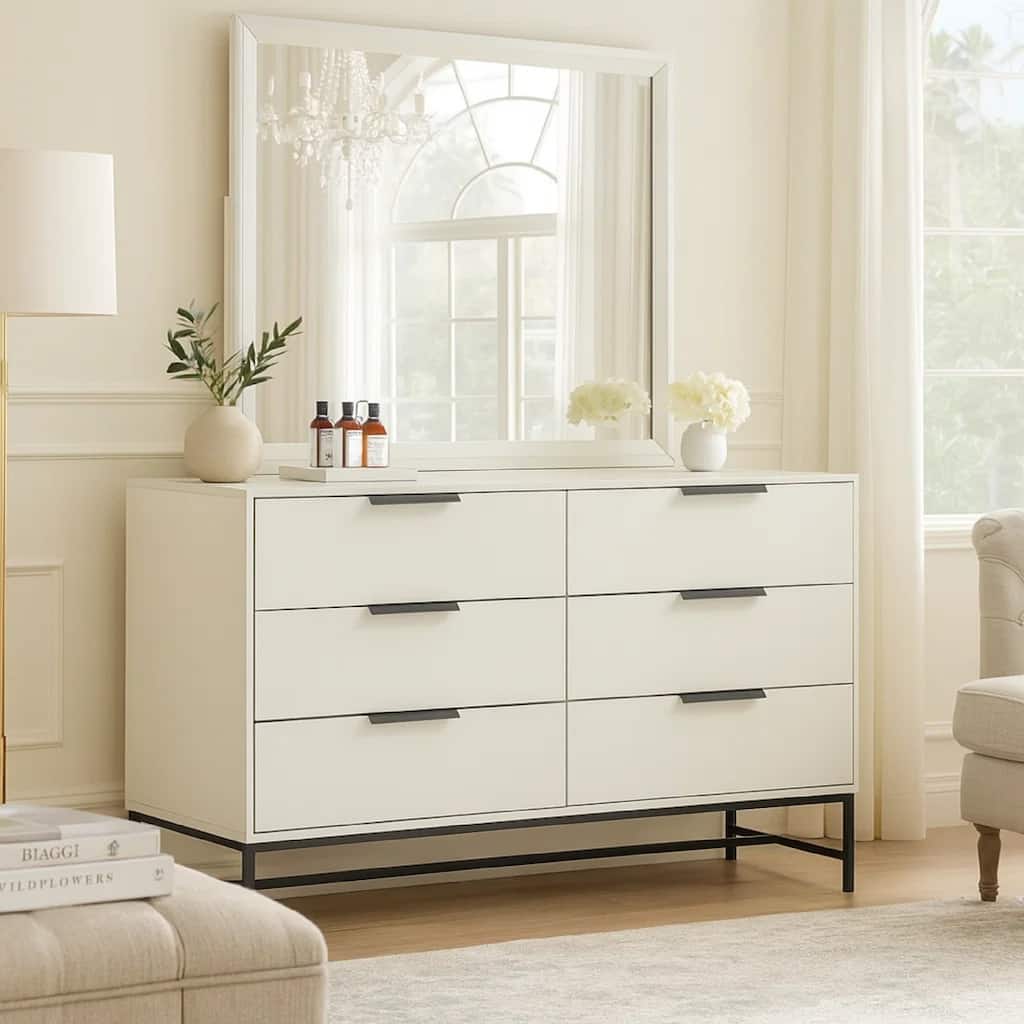 Noro 2 Piece Modern Wide Dresser and Mirror Set, 6 Drawers, White
