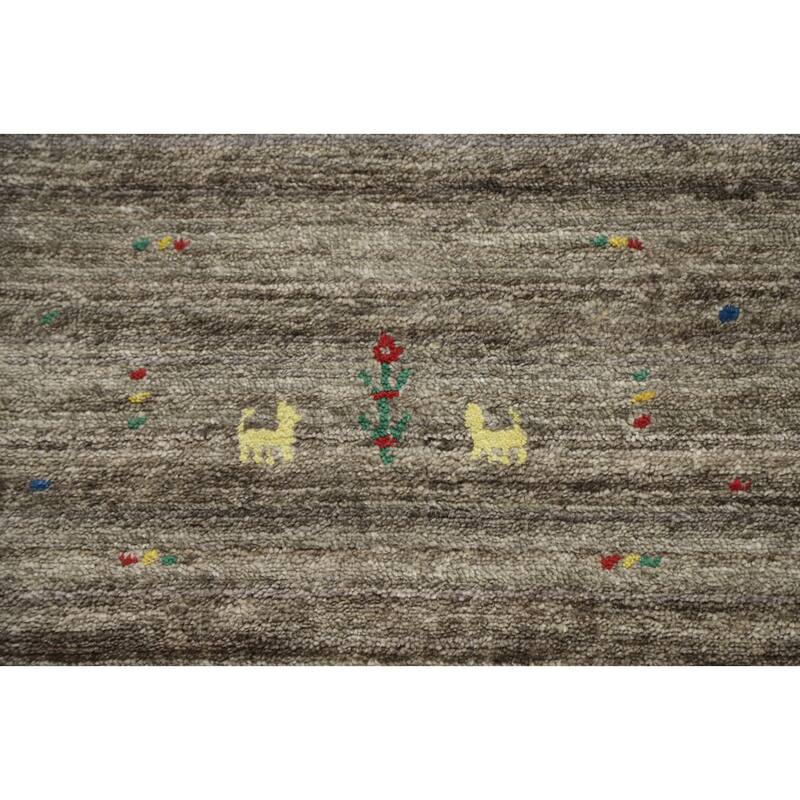 Hand Knotted Oriental Viscose Silk Carpet Tribal Animal Pictorial Greys & Charcoal Gabbeh Area Rug - 11' 11'' X 8' 11''