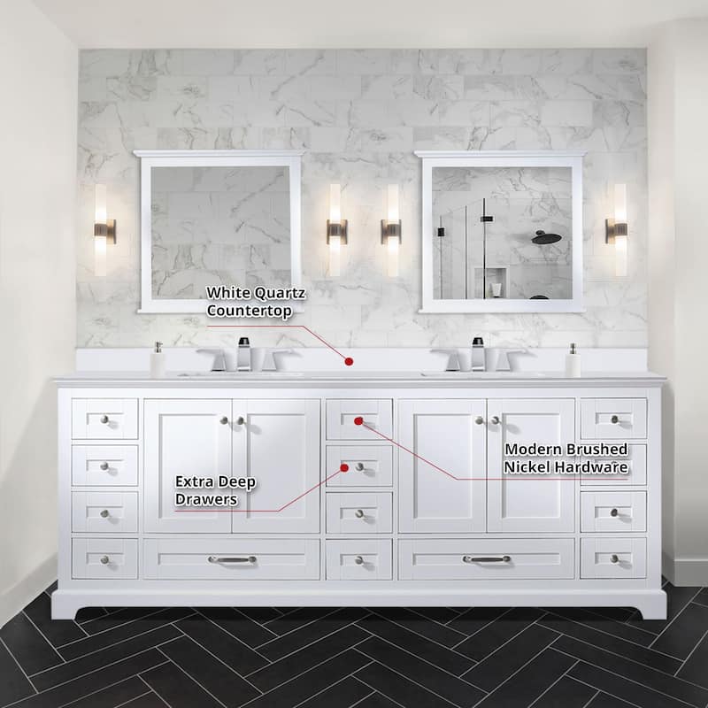 Dukes 84 in. W x 22 in. D White Double Bath Vanity, White Quartz Top, Faucet Set, and 34 in.