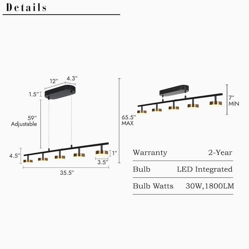 Modern Minimalist 3/5-Light Black Gold LED Chandelier Linear Kitchen Island Pendant Lights for Dining Room