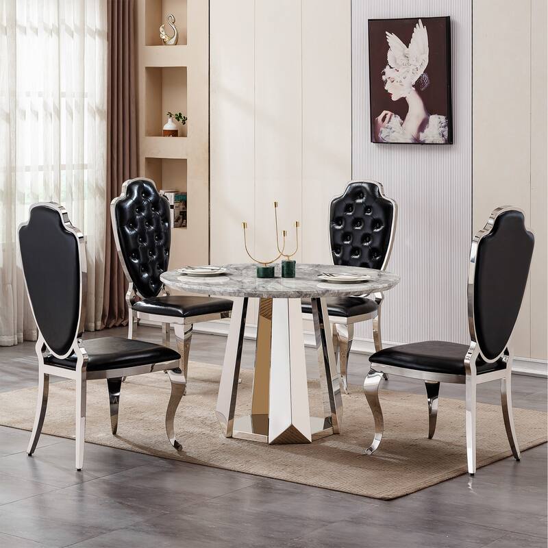 47" Round Dining Table with Faux Marble Tabletop and Stainless Steel Base - Gray+Silver
