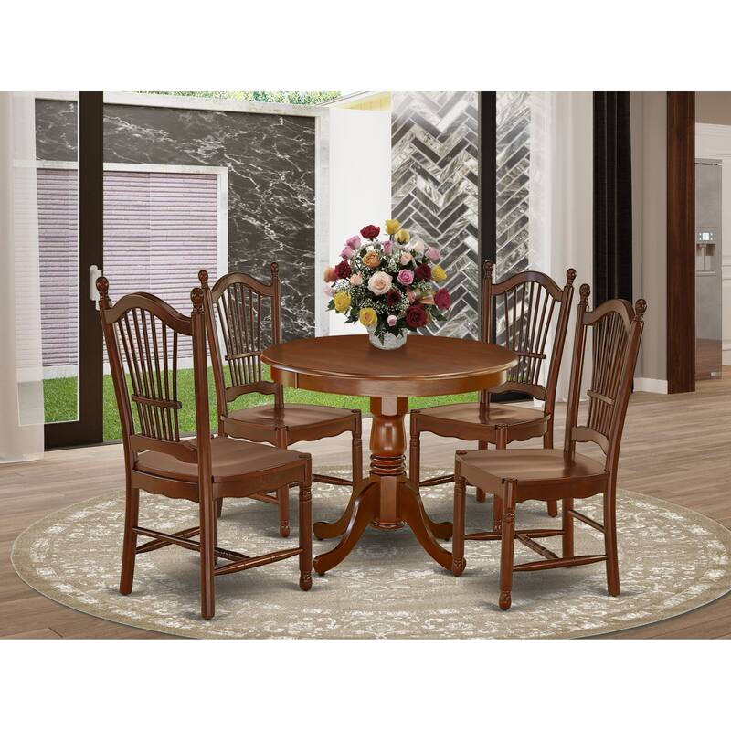 East West Furniture Dining Set Contains a Round Dining Room Table with Pedestal and Wood Seat Chairs, Mahogany(Pieces Options) - ANDO5-MAH-W