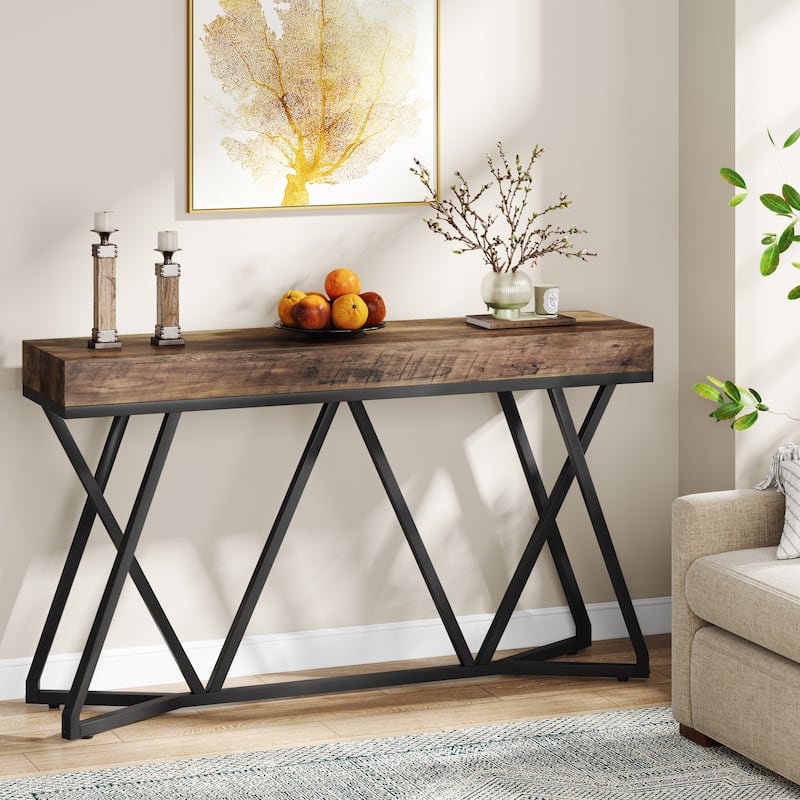 55 Inch Wood Console Table, Sofa Table Entryway Table with Unique Metal Legs - Rusic Brown/Black