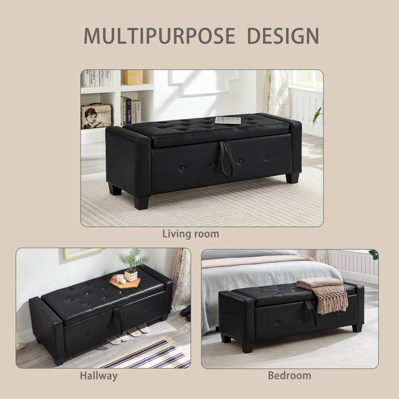 Tufted Faux Leather Storage Ottoman Bench for Bedroom, Living Room & Hallway, 48" Multifunctional Upholstered End of Bed Bench