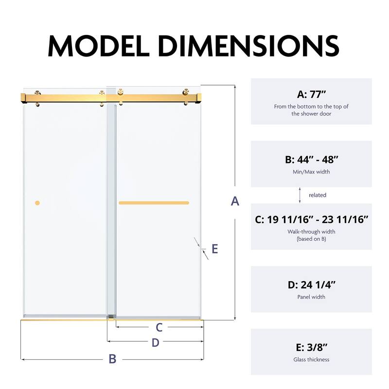 Glassic 44" - 48" W X 78" H Soft Closing Frameless Double Sliding Shower Doors with 3/8" Clear Tempered Glass