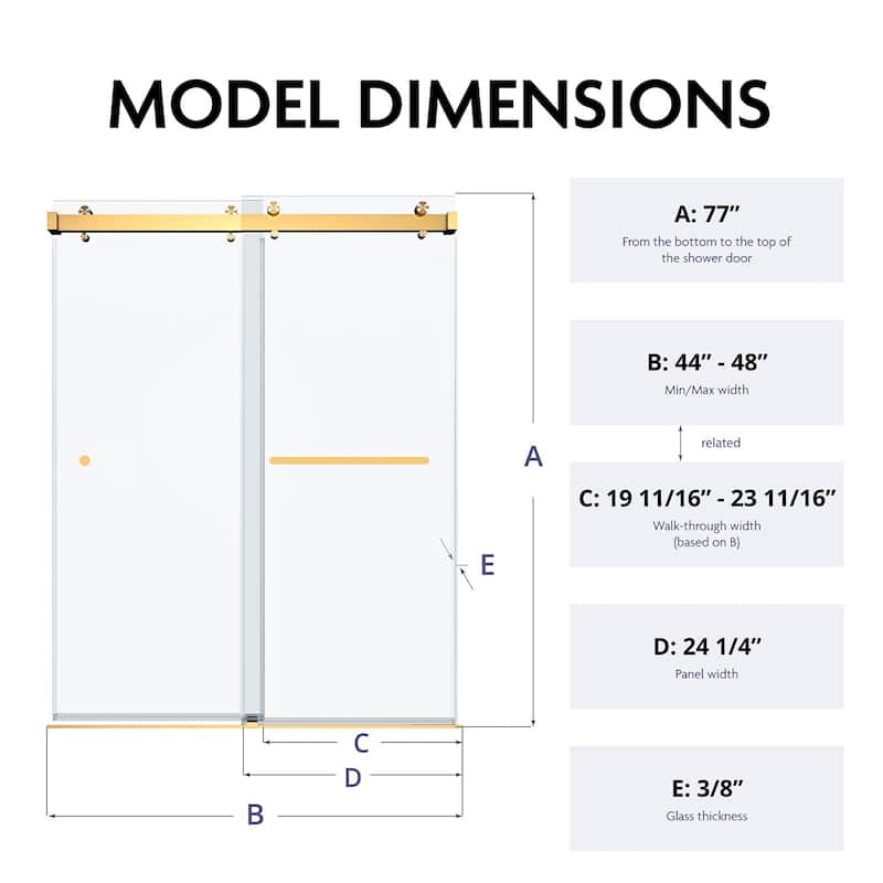 SP Series 44" - 48" W x 77" H Contemporary Frameless Double Sliding Shower Door with 3/8" Clear Tempered Glass