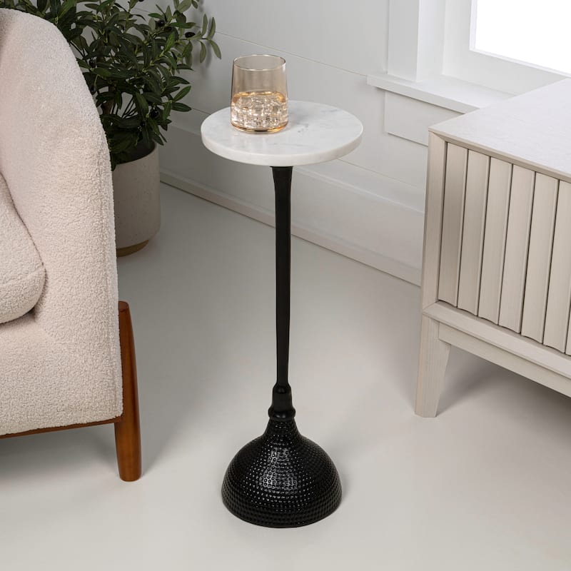23.75″ Metal Pedestal Drink, End Table w/ White Marble Round Top & Hammered Base, By JONATHAN Y - Black
