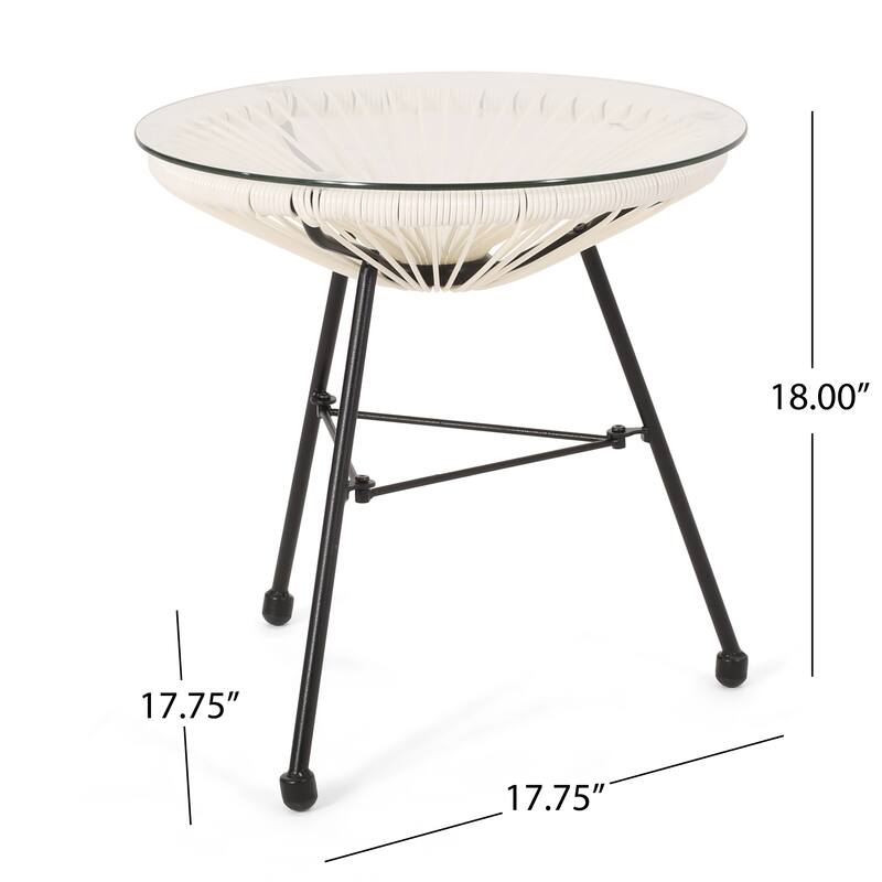 Roomfitters Nusa Outdoor Modern Rattan Side Table with Tempered Glass Top, Round Patio Accent Table, White