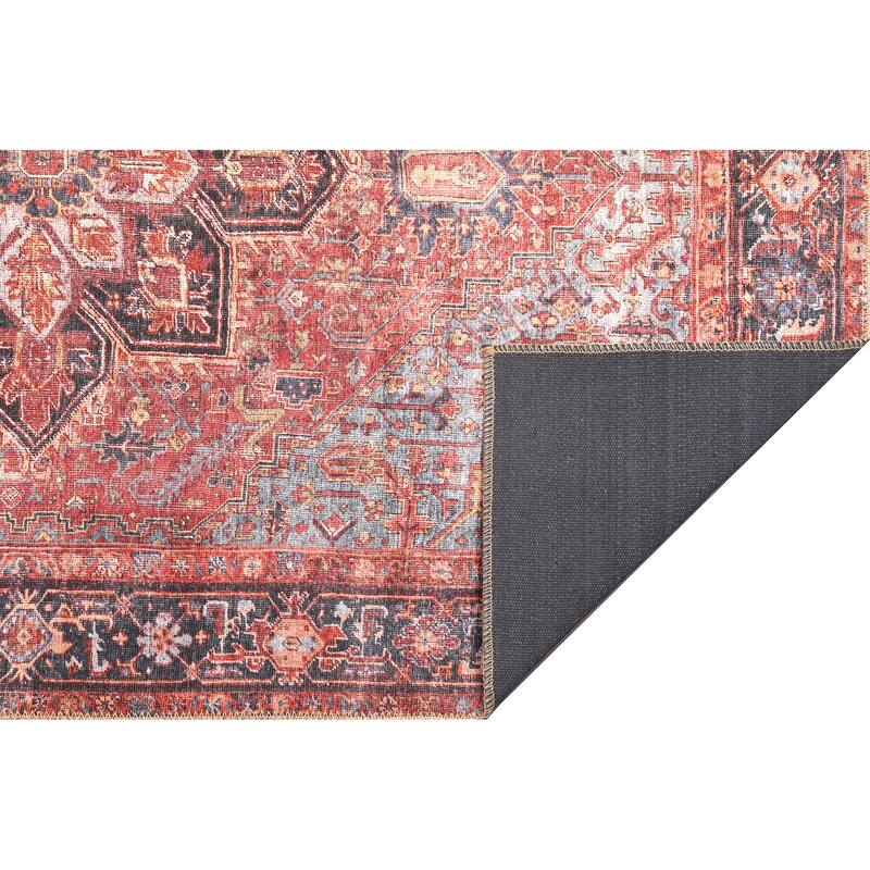 Domani Grove Machine Washable Distressed Oriental Red Medallion Area Rug