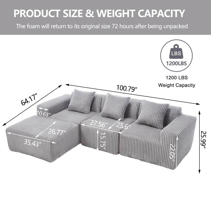L-Shape Sectional Sofa with Ottoman, Fabric Upholstered Floor Cloud Couch, Modular Corner 3 Seat Sofa with Deep Seat