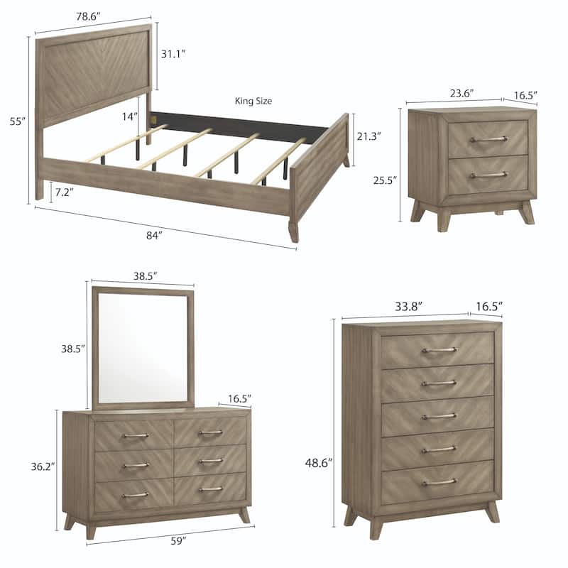 Roundhill Furniture Arena Contemporary Wood Bedroom Set: Panel Bed, Dresser, Mirror, Nightstand, Chest in Antique Gray
