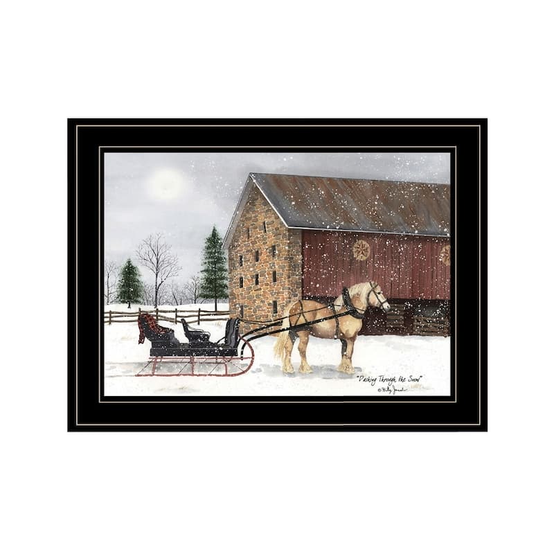 TrendyDecor4U Traditional "Dashing Through The Snow" Framed Print Wall Art by Billy Jacobs - Winter Colors , White, Red - 15 x 19 - Black
