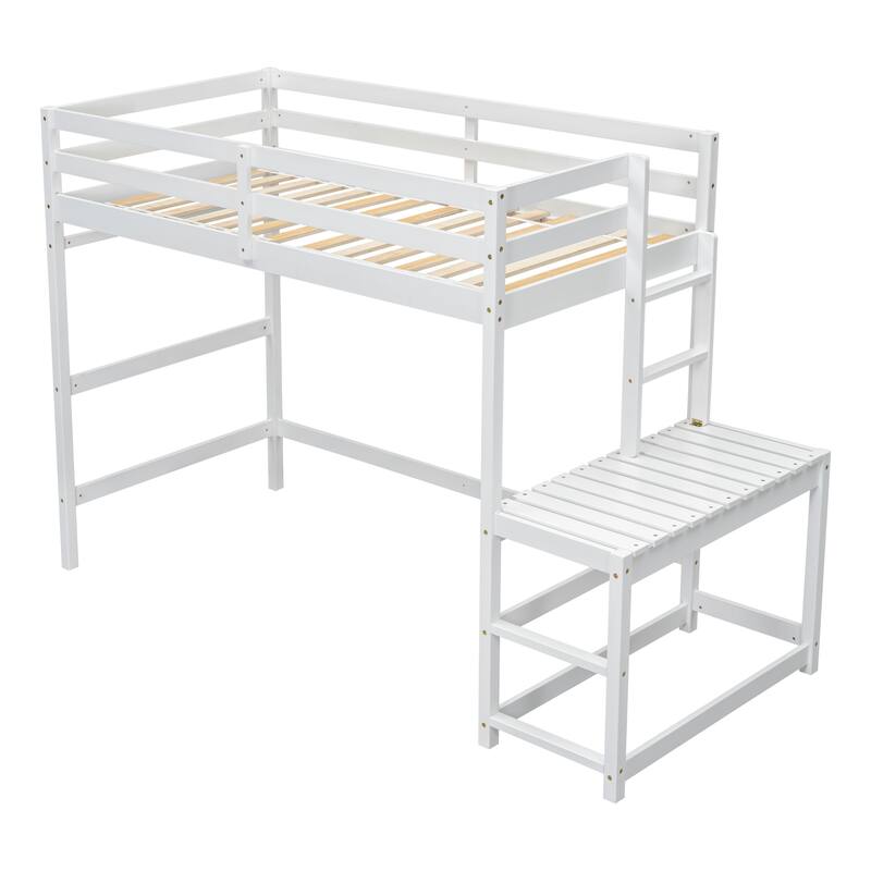Twin Size Pine Wood High Loft Bed with Ladder landing Platform, Ladders, Guardrails