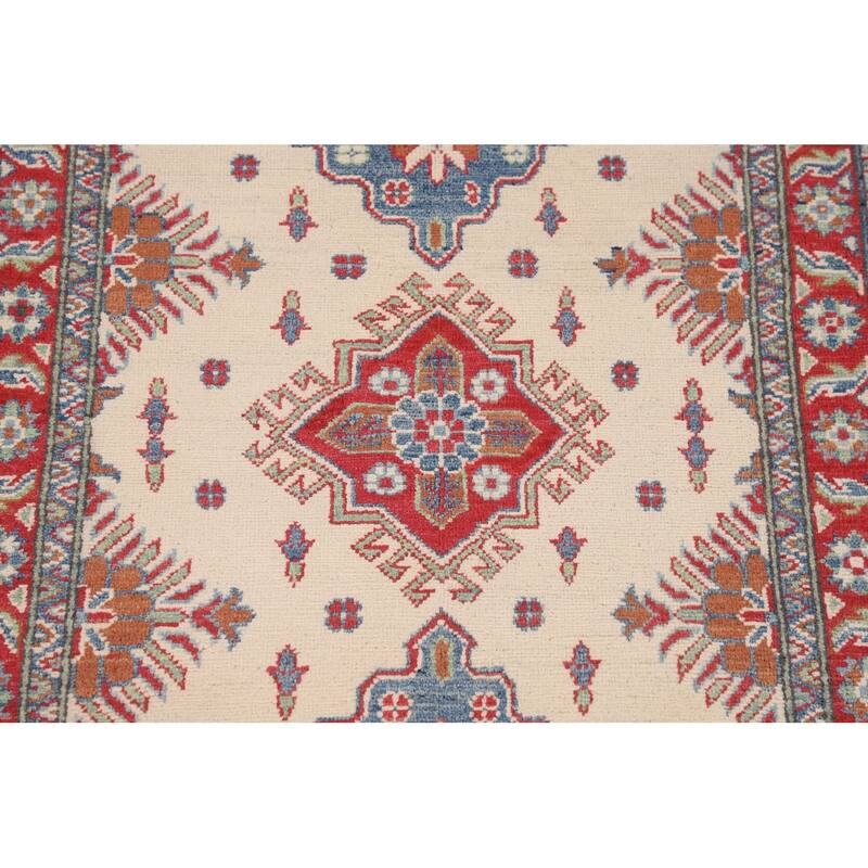 Beige / Ivory Geometric Kazak Oriental Accent Rug Handmade Wool Carpet - 3'2" x 5'0"