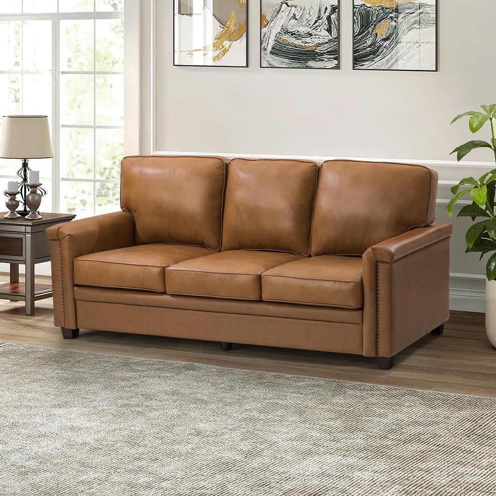 Rita Transitional Living Room 3-Seat Genuine Leather Nailhead Sofa with Solid Wood Legs and Removable Cushions