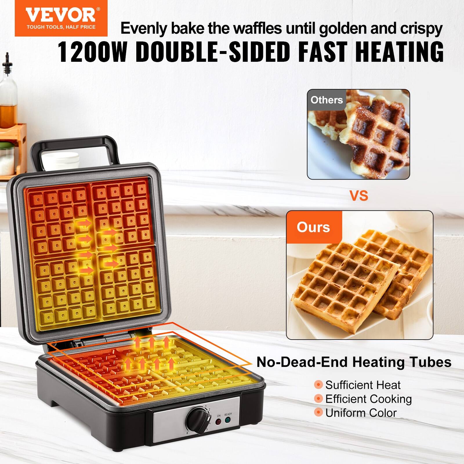 VEVOR 4 Slices Square Waffle Maker 1200W Electric NonStick Waffle Iron