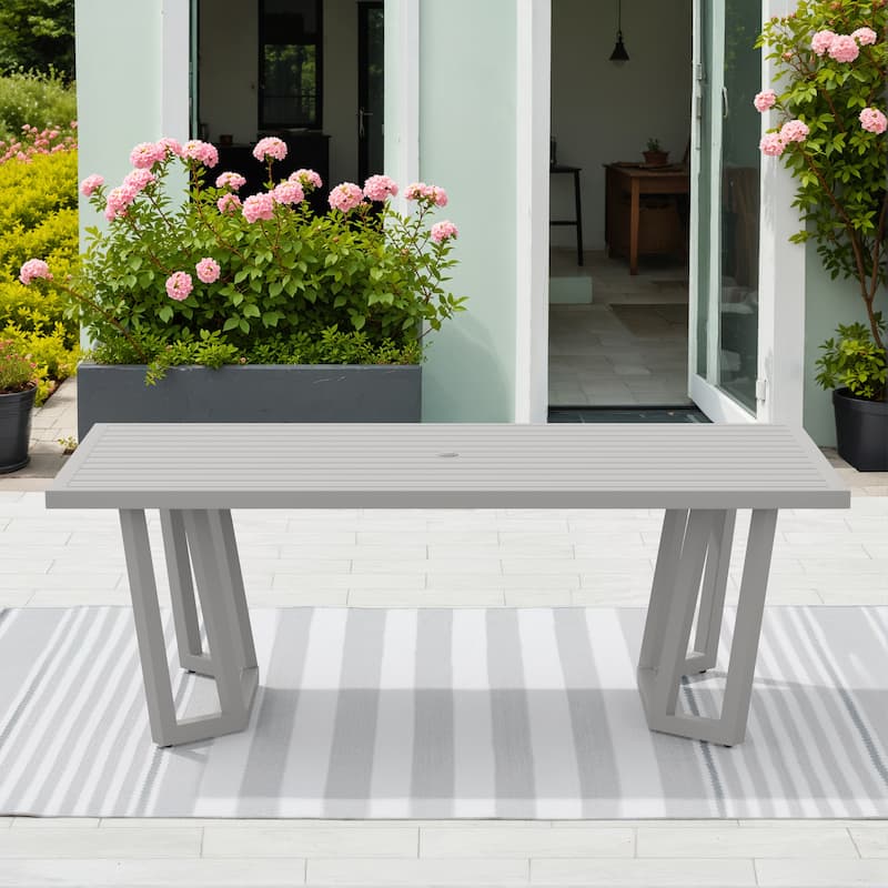 Corvus Kiel Aluminum Outdoor Dining Table with Umbrella Hole, Rectangular Patio Table for 6-8 People