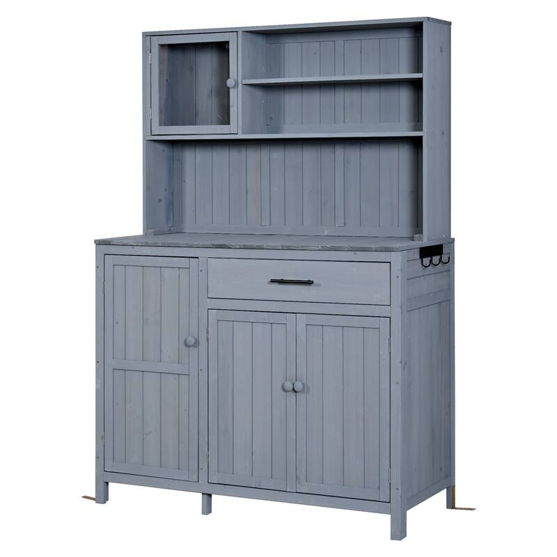 65" Solid Fir Wood Potting Bench with Hutch, Garden Workstation Table with Drawer, Spice Rack & Shelves