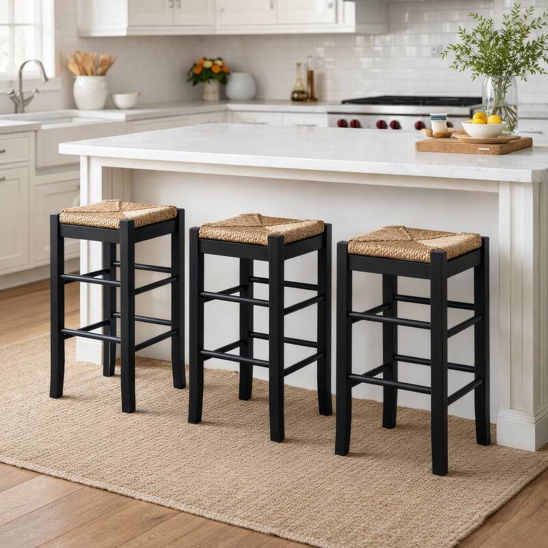 Chris 24 Inch Counter Stool with Wood Frame, Handwoven Rush Seat, Black