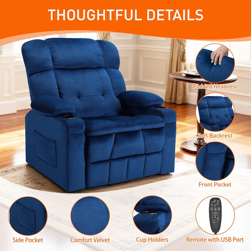 35" Wide Quiet Lift Velvet Recliner w/Massage and Heat