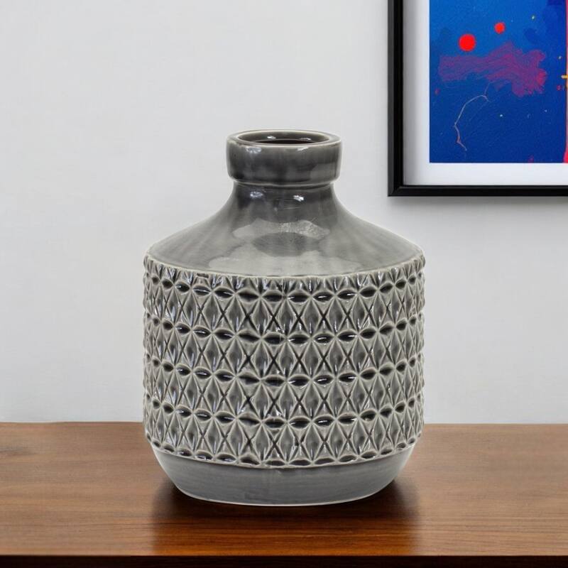 Grey Geometric Terracotta Bud Vase for Tabletop Decor