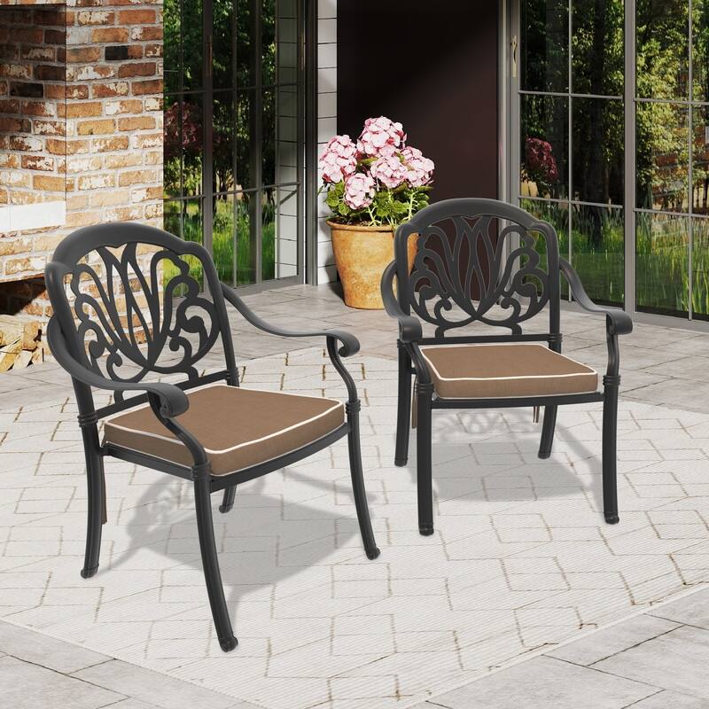 Stacking OutdoorPatio Dining Armchair with Brown Cushions - Black(Set of 2)